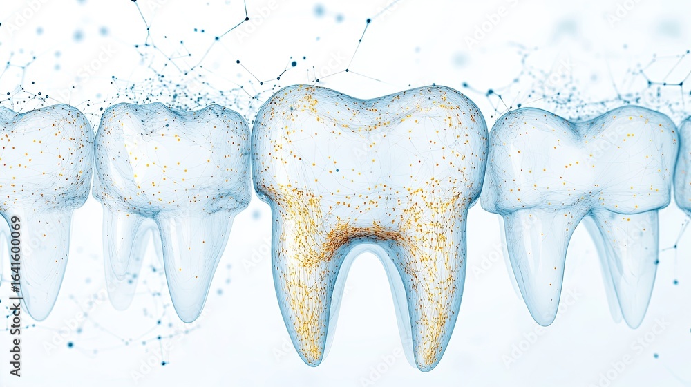 Poster digital rendering of teeth with plaque buildup and neural network overlay