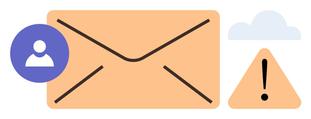 Large envelope with user icon, exclamation mark inside triangle, and cloud. Ideal for email, communication, error notification, data security, warning message, account issue simple flat metaphor