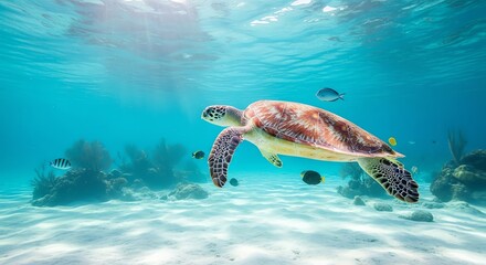 Obraz premium Sea turtle swimming in clear tropical ocean water