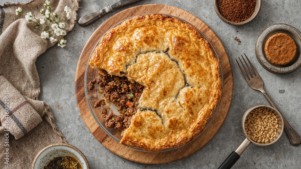 Aufkleber homemade rustic pie with minced meat and rice on a textured surface