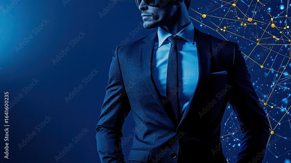 Poster sharp-dressed visionary navigating a luminous digital data network