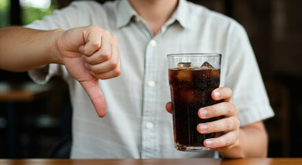 Soda Disapproval Man Thumbs Down Iced Drink with Health Choice.