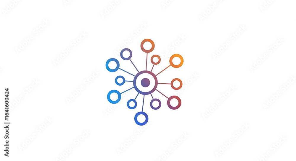 Poster isolated graphic of a network with gradient circles connected to a central node on white surface