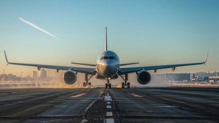 Naklejka premium Jet aircraft arriving amid frosty early hours