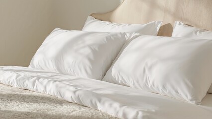 Cozy mattress topped with plush white cushions, detailed view