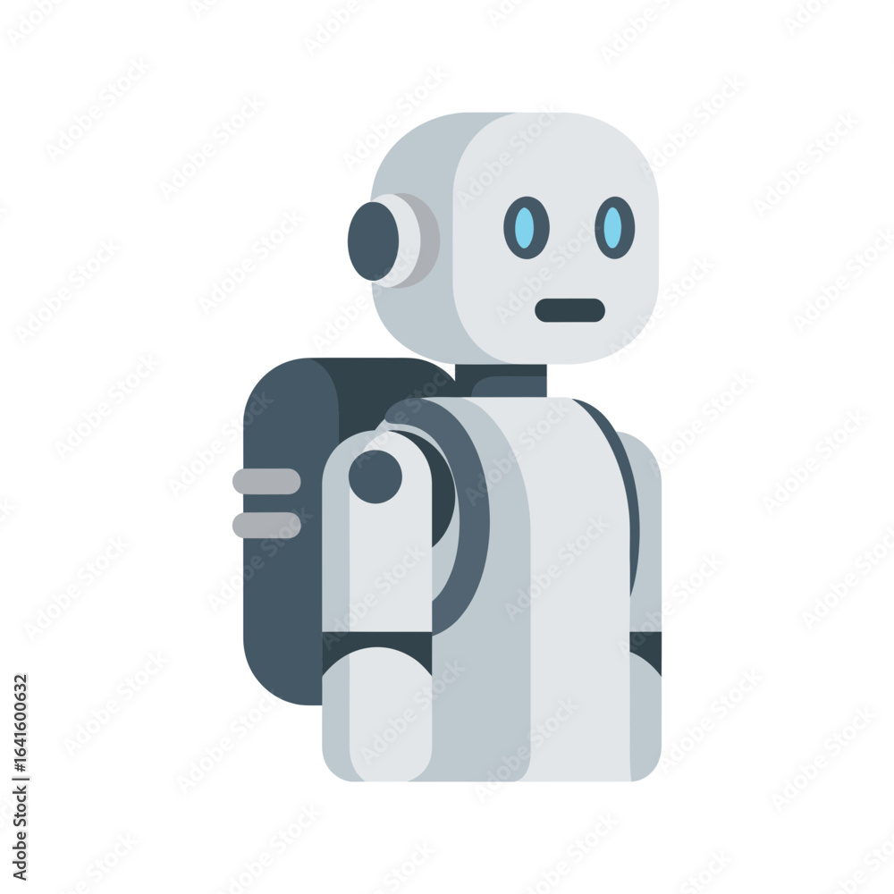 Poster a stylized robot figure stands with a backpack or container attached to its back.