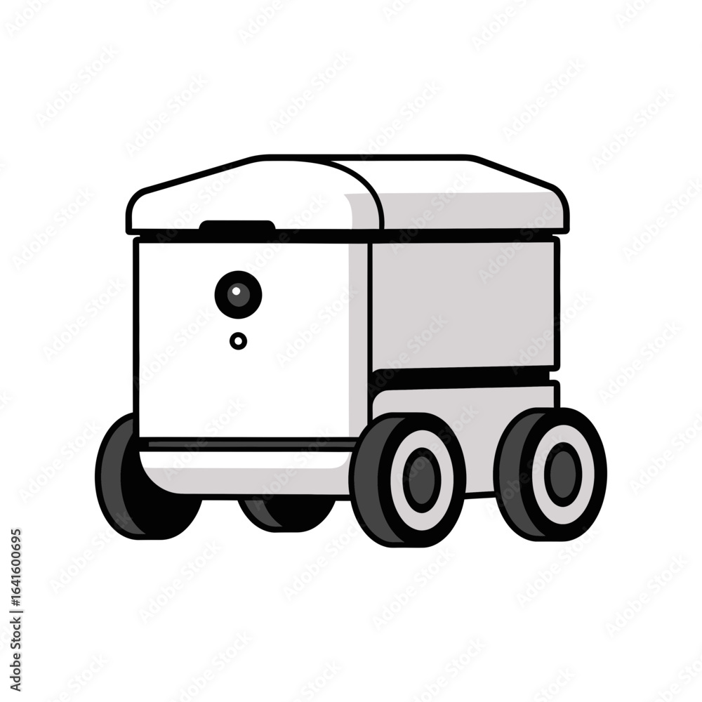 Poster autonomous delivery robot with four wheels and a boxy container.