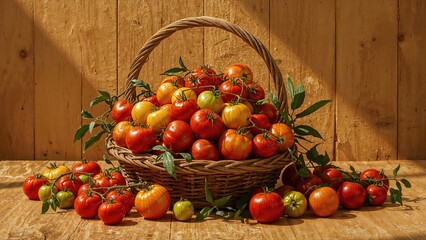 Assortment of bright tomatoes in a container