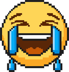 Fototapeta premium Pixelated yellow emoji expressing extreme laughter with tears streaming down its face.