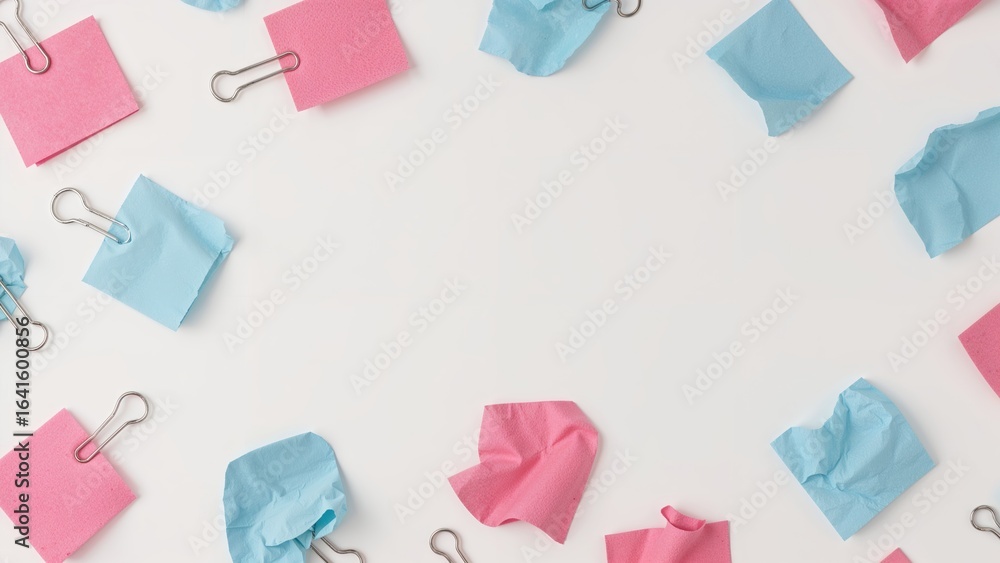 Poster colorful pink and blue memo pads with paper clips displayed on a white background featuring ample em