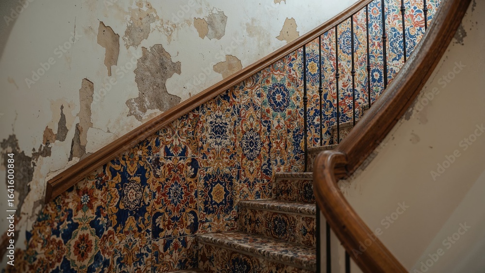 Aufkleber multicolored tile artwork on a stairway in a private residence. patterned and abstract background. n