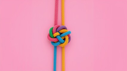 Multicolored ropes connected on a pink background, top-down view, illustrating cohesion