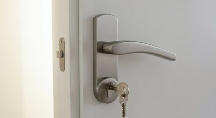 Fototapeta premium Open Door Key in lock unlocks opportunity with welcoming light and possibilities.