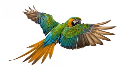 Obraz premium Multicolored parrot mid-air with a clean white background