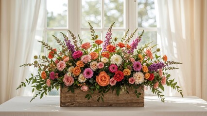 Fototapeta premium Vibrant blossoms neatly placed in a container beneath a window