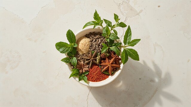 Assorted colorful spices and herbs used in cooking displayed on white stone - Powered by Adobe