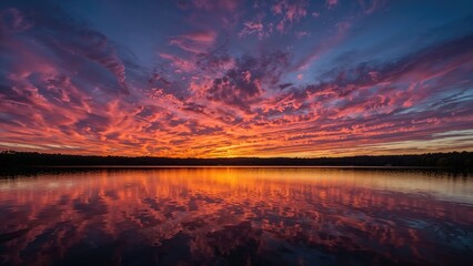 Sunset hues painting the sky and clouds mirrored on a calm lake