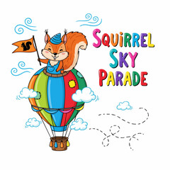 Colorful Cartoon Squirrel in Hot Air Balloon Sky Parade Illustration