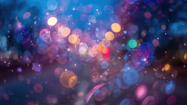 Vivid abstract light spots on a dark street, perfect for dreamy or romantic scenes.