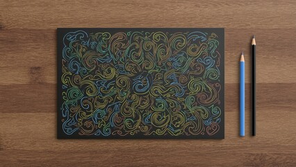 Creative colored pencil illustration set against a dark background with office and design themes