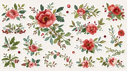 Set of festive watercolor floral and greenery elements