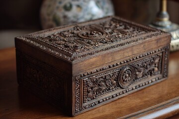antique wooden jewellery box with intricate carvings