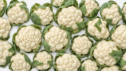 Obraz premium Assortment of uncooked cauliflowers displayed on a white surface