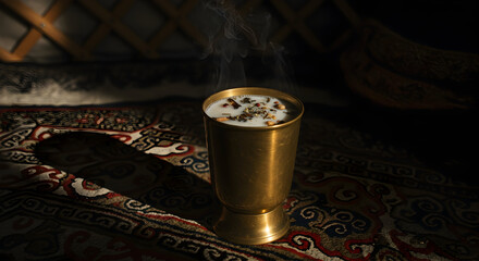 A Gothic interpretation of Kumis in a brass tumbler in a Mongolian yurt. Floating herbs or spices and shadows playing on surfaces evoke a mysterious and melancholic mood