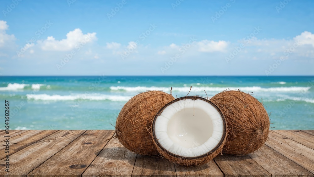 Poster a table displaying coconuts beside the ocean
