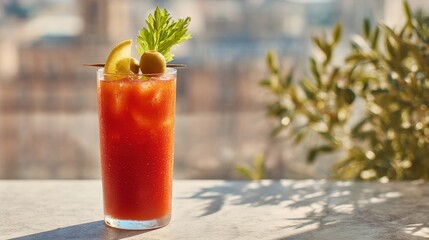 Obraz premium Bloody Mary Cocktail With Lemon, Olive, And Celery Garnish On Sunlit Table. Refreshing Drink For Brunch Or Cocktail Hour
