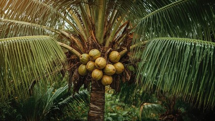 Cluster of coconuts hanging on a palm tree