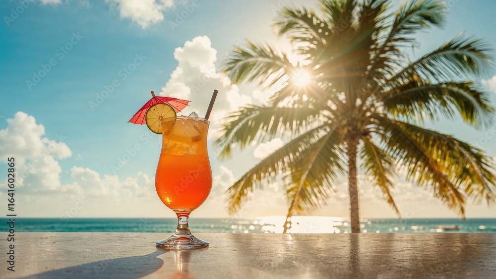 Poster beverage served in a bar setting with sunlit palm trees in the background