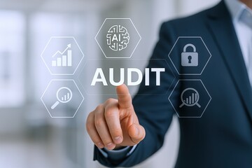 Business Professional Engaging Virtual Audit Interface, Financial Analysis and Cybersecurity Measures for Enhanced Compliance