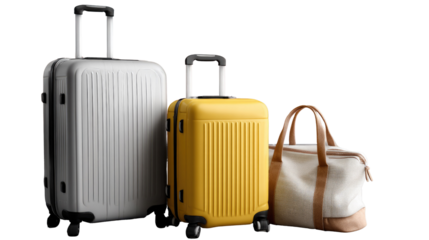 Journey Awaits: Three pieces of luggage, representing the excitement and possibility of travel, stand ready. A hard-shell suitcase in a modern, light grey beside a vibrant yellow counterpart.