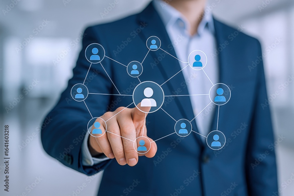 Poster man touching social network icon on digital interface, representing global connections and business 