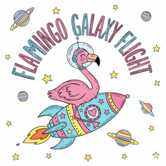 Whimsical Hand Drawn Flamingo Riding Rocket Ship In Outer Space Illustration