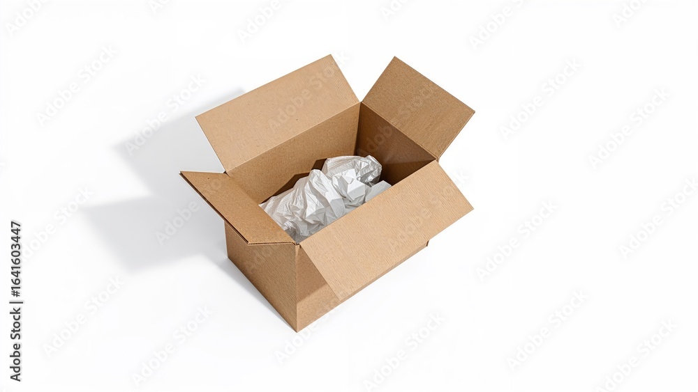 Aufkleber close-up of an empty cardboard container on a white surface