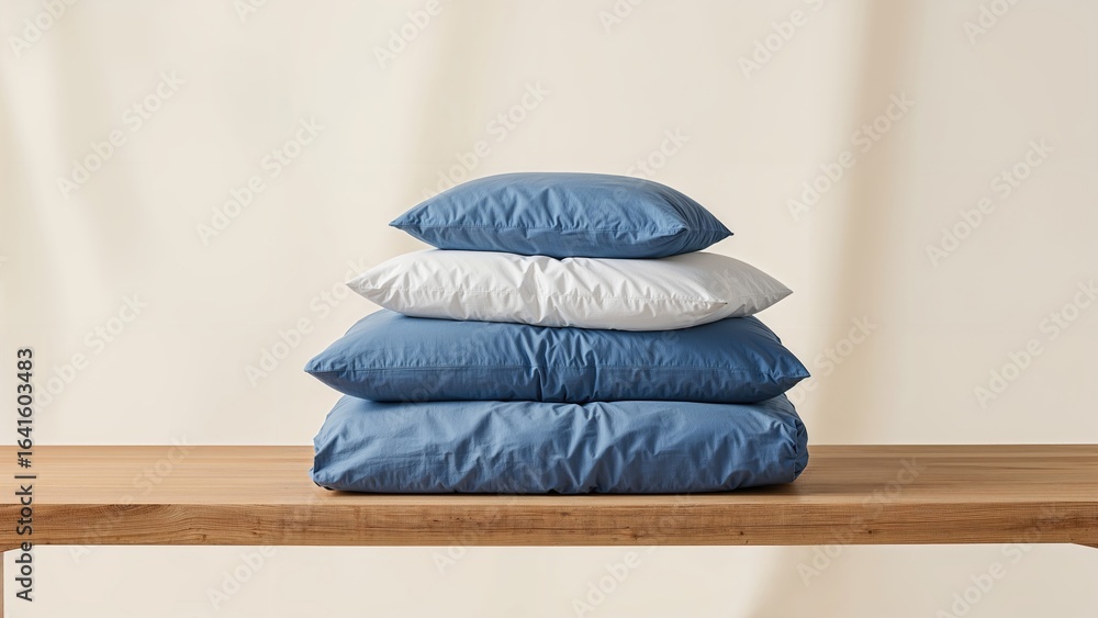 Poster close-up of neatly folded blue and white linens on a surface with a soft-focus backdrop.