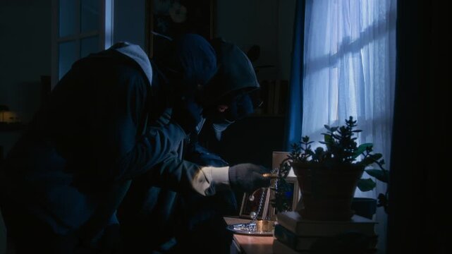 Two criminal partners in black hoodie cooperating while stealing jewelry, one of them holding opened backpack while other one putting all golden stuff in it