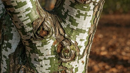 Macro shot of the uniquely patterned bark in green, white, and brown on a Snakebark Maple tree
