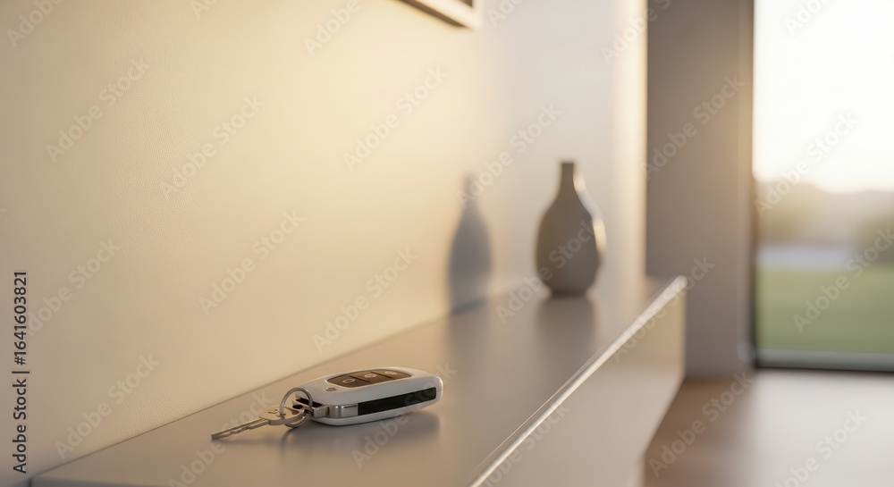 Poster a modern interior scene featuring a sleek key holder with keys and a minimalist vase on a smooth sur