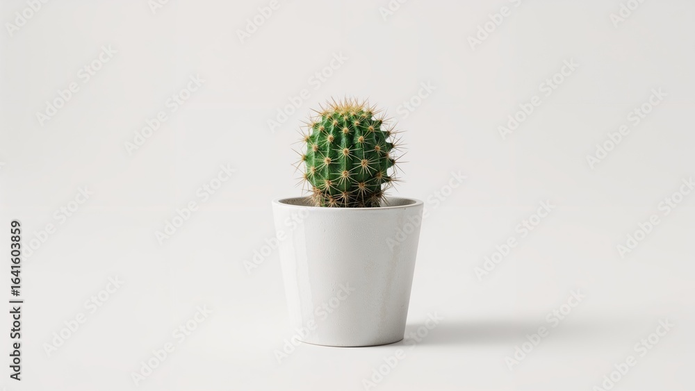 Poster zoomed-in photo of a little cactus in a planter with a solid white background