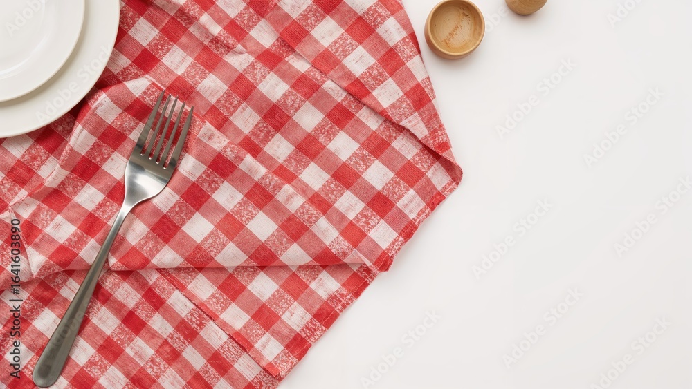 Poster macro shot of a red and white check-patterned cloth set against a white backdrop. culinary items.