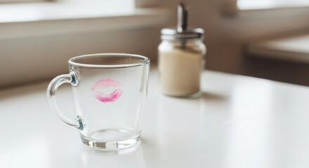 Fototapeta premium A clear glass cup with a pink lipstick mark sits on a white table. A sugar jar is visible in the background, creating a cozy café atmosphere.