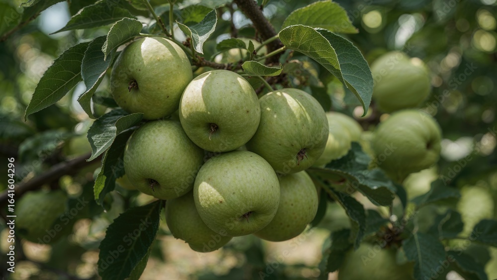 Poster close-up image of fresh green apples still developing on the tree in a garden setting during summert