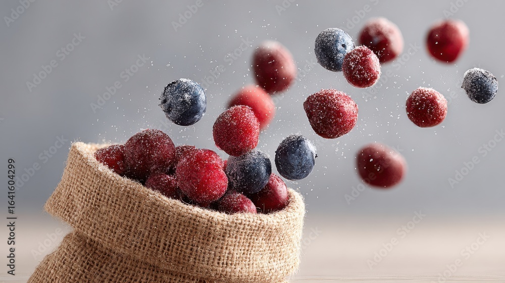 Poster fresh berries falling from burlap sack with sugar dusting. dynamic display of vibrant fruits