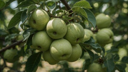 Close-up image of fresh green apples still developing on the tree in a garden setting during summertime, featuring a naturally blurred background and shallow depth of field.