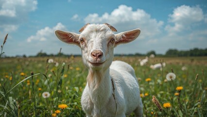 Obraz premium Close-up of a humorous adult goat standing on lush green grass in a rural field