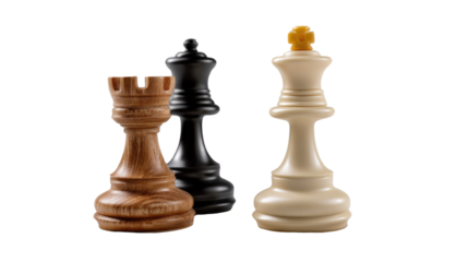 Chess Strategy: Three majestic chess pieces, a rook, a queen and a king, stand proudly, symbolizing strategic thought, leadership and power, with their intricate details in a clear view.