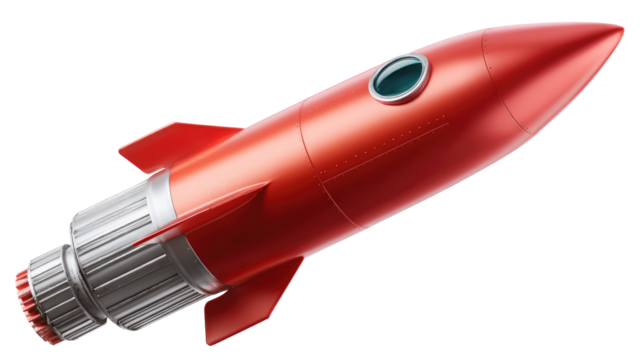 Red Rocket: A sleek, vibrant, bright red rocket, a symbol of innovation, space travel, and future exploration, ascends boldly against the nothingness, fueling ambitions for new discoveries. 